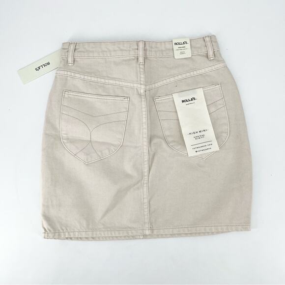 ROLLAS High Rise Mini Skirt Tan Slim Fit Button Zip Closure 5 Pocket Size 26 NEW - Picture 5 of 6